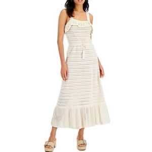 INC Crochet Knit Midi Dress XL Cream Ruffle Trim Mesh Lined Boho Beachy Vacation